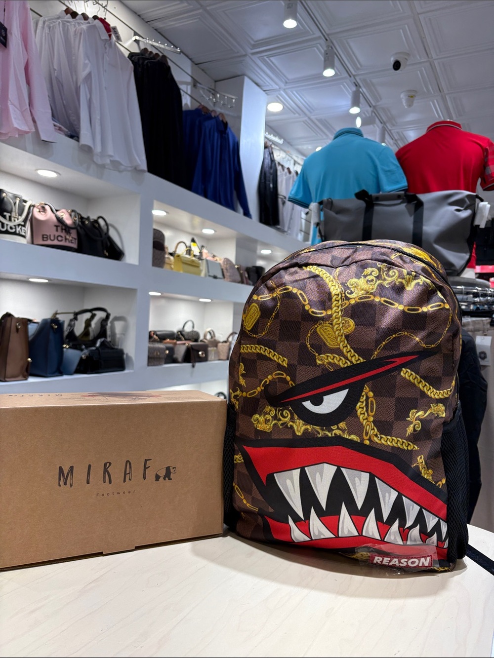 Men's Brown Checker Print Backpack with Graphic Shark Face